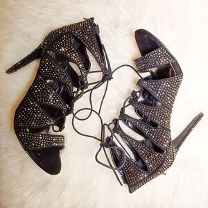 Madden Girl Sz 8 Black Stiletto Heels Rhinestones Gladiator Straps Lace Dacey
